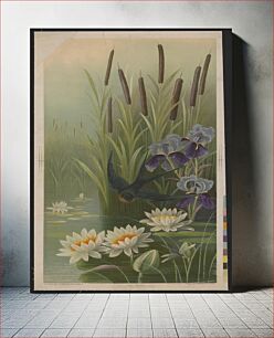 Πίνακας, Bird flying over water with cat tail plants, Irises and water lilies (1897)