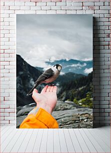 Πίνακας, Bird in Hand with Mountain Background Πουλί χέρι με φόντο το βουνό