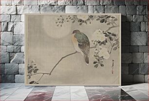 Πίνακας, [Bird perched on a branch of a blossoming tree]