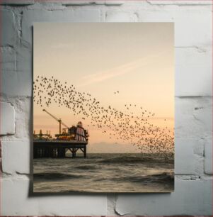 Πίνακας, Birds Flying over Pier at Sunset Πουλιά που πετούν πάνω από την προβλήτα στο ηλιοβασίλεμα