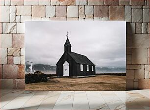 Πίνακας, Black Wooden Church Amidst Foggy Landscape Μαύρη Ξύλινη Εκκλησία Μέσα σε ομιχλώδες τοπίο