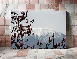 Πίνακας, Blooming Magnolias with Mountain Background Ανθισμένες μανόλιες με φόντο το βουνό