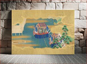 Πίνακας, Boating episode from the "Butterflies" Chapter of the Tale of Genji(mid 17th century ) vintage Japanese painting by Tosa Mitsusada