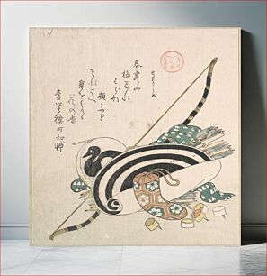 Πίνακας, “Bow, Arrows, Target, and Other Outfits for Archery,” from the series Ise Calendars for the Asakusa Group (Asakusa-gawa Ise goyomi)From the Spring Rain Collection (Harusame shū), vol
