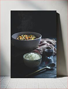 Πίνακας, Bowl of Food with Rice and Drink Μπολ Φαγητό με Ρύζι και Ποτό