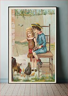 Πίνακας, Boy sitting on a chair while a girl stands feeding chickens