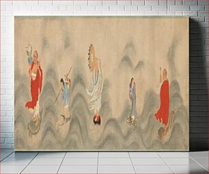 Πίνακας, Brightly colored images of 18 figures riding waves on various sea creatures; each holding an instrument or tool