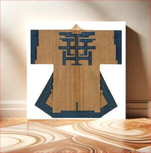 Πίνακας, Brown robe woven with vertical white stripes; navy blue applique trim on sleeve cuffs, bottom hem, yoke, and back center, all with curving embroidery patterns; white collar