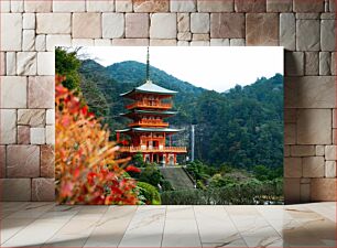 Πίνακας, Buddhist Temple with Mountain and Waterfall Βουδιστικός ναός με βουνό και καταρράκτη