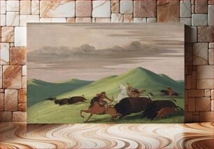 Πίνακας, Buffalo Chase, Bull Protecting a Cow and Calf (1832–1833) by George Catlin