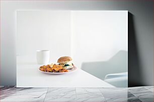 Πίνακας, Burger and Fries on a White Table Μπέργκερ και πατάτες σε λευκό τραπέζι