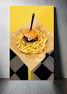 Πίνακας, Burger with Fries on Yellow Background Μπέργκερ με πατάτες σε κίτρινο φόντο