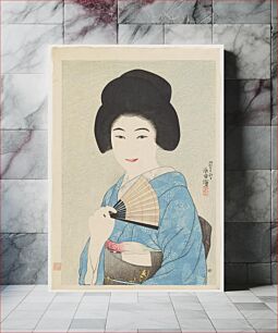 Πίνακας, Bust portrait of young woman wearing a blue kimono and black obi with yellow flowers, holding a striped fan