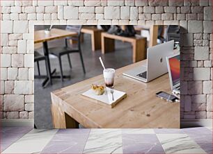 Πίνακας, Cafe Workspace with Dessert and Drink Χώρος εργασίας Cafe με επιδόρπιο και ποτό