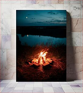 Πίνακας, Campfire by the Lake at Night Campfire δίπλα στη λίμνη τη νύχτα