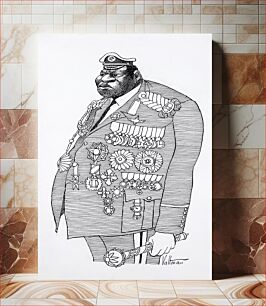 Πίνακας, "Caricature shows Idi Amin, President of Uganda from 1971 to 1979 as a bloated, powerful figure in military dress covered with medals and insignia, holding a sceptor, and crowned by a small head with heavy featu