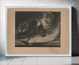Πίνακας, [Cat caught by the claw of a lobster while trying to steal a fish lying on a table]