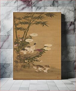 Πίνακας, Cat on ground looking up to cat on rock above at L, amid bamboo; purple and white chrysanthemums