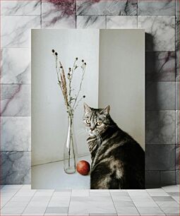Πίνακας, Cat with Vase and Peach Γάτα με βάζο και ροδάκινο