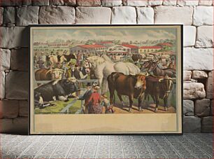 Πίνακας, [Cattle, horses, and people at the fair with stables in the background]