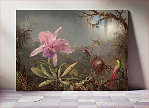 Πίνακας, Cattleya Orchid and Three Hummingbirds (1871) by Martin Johnson Heade