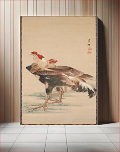 Πίνακας, Central image of two standing roosters; central panel bordered by brown & gold colored floral patterned section; blue section at top, bottom, and sides of scrolls; other #s R-24