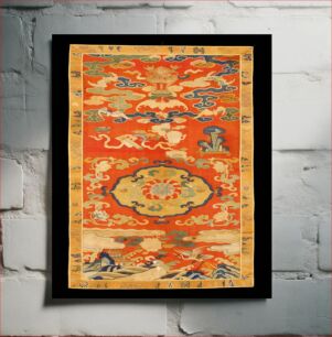 Πίνακας, Chair seat cover of red k'ossu with loose clouds, sacred vessels, bats, crane and pagoda in landscape