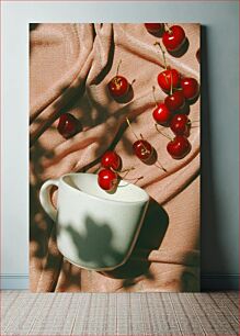 Πίνακας, Cherries and Cup on Fabric Κεράσια και φλιτζάνι σε ύφασμα