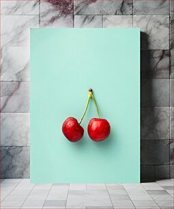 Πίνακας, Cherries on Blue Background Κεράσια σε μπλε φόντο