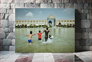 Πίνακας, Children Playing in Water in Front of Historical Building Παιδιά που παίζουν στο νερό μπροστά από το ιστορικό κτίριο