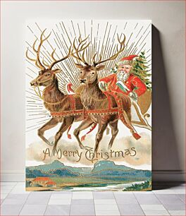 Πίνακας, Christmas postcard of Santa Claus and his reindeer (1907) chromolithograph art by Souvenir Post Card Company