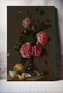 Πίνακας, clear glass vase with pink roses; two lemons--one partially peeled--and a snail on table; trompe l'oeil effect with sealing wax and piece of paper in LLQ at left edge; tiny spider above and to right of snail; da
