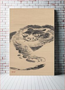 Πίνακας, Close-up image of a tiger's face, chest and PR front leg; tiger appears to be approaching viewer, looking towards LL; portion of tail coming to view at bottom