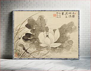 Πίνακας, Close-up view of a lotus flower and leaves; brushed in the boneless ink-wash style