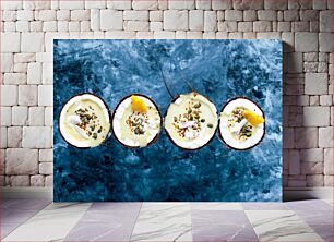 Πίνακας, Coconut Desserts on Blue Background Επιδόρπια καρύδας σε μπλε φόντο
