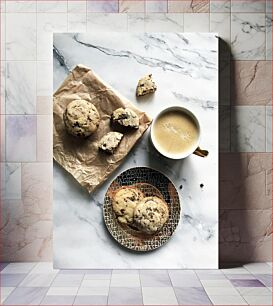 Πίνακας, Coffee and Cookies on Marble Table Καφές και μπισκότα σε μαρμάρινο τραπέζι