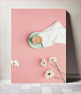 Πίνακας, Coffee and Flowers on Pink Background Καφές και λουλούδια σε ροζ φόντο