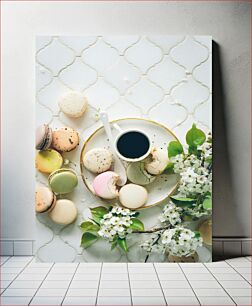 Πίνακας, Coffee and Macarons with Flowers Καφές και μακαρόν με λουλούδια