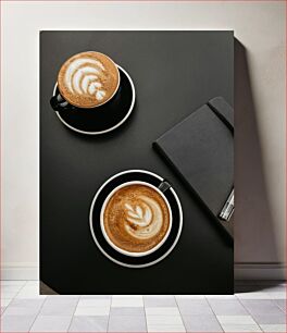 Πίνακας, Coffee and Notebook on Black Table Καφές και σημειωματάριο σε μαύρο τραπέζι