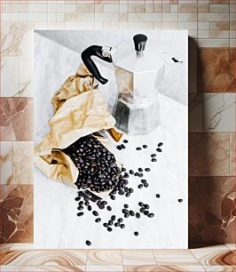 Πίνακας, Coffee Beans and Moka Pot Κόκκους καφέ και Μόκα Ποτ