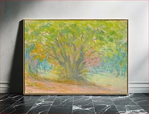Πίνακας, Colored pastel of bushy tree in clearing, surrounded by forest; small wood frame