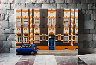 Πίνακας, Colorful Building Facade with a Blue Car Πολύχρωμη πρόσοψη κτιρίου με μπλε αυτοκίνητο