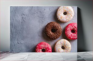 Πίνακας, Colorful Donuts on a Grey Background Πολύχρωμα ντόνατς σε γκρι φόντο