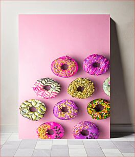 Πίνακας, Colorful Donuts on Pink Background Πολύχρωμα ντόνατς σε ροζ φόντο