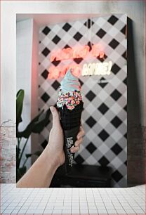 Πίνακας, Colorful Ice Cream in a Black Cone Πολύχρωμο παγωτό σε μαύρο χωνάκι