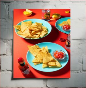 Πίνακας, Colorful Snack Plates with Chips and Dip Πολύχρωμα πιάτα σνακ με πατατάκια και ντιπ