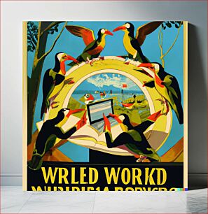 Πίνακας, "Colorful WW2 propaganda poster showing birdwatchers editing Wikipedia" as interpreted by DALL-E