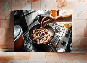 Πίνακας, Cooking Shrimp on Stove Μαγειρεύοντας Γαρίδες στη Σόμπα