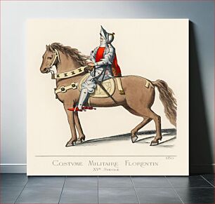 Πίνακας, Costume Militaire Florentin, XVe Siecle, translated Florentine Military Costume, 15th Century by Paul Mercuri (1860) a portrait of a knight on horse bac