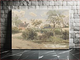 Πίνακας, Country Landscape with Cottage, Windmill, Barns and Figures with Pond in Foreground